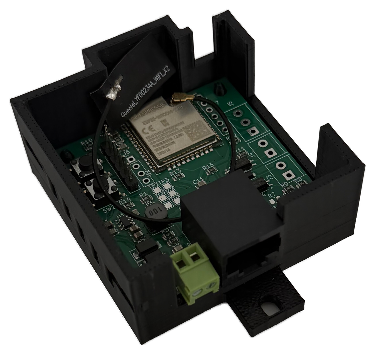 Inside the SI Gateway — SI Node board, Wi-Fi antenna and RS485 RJ45 jack