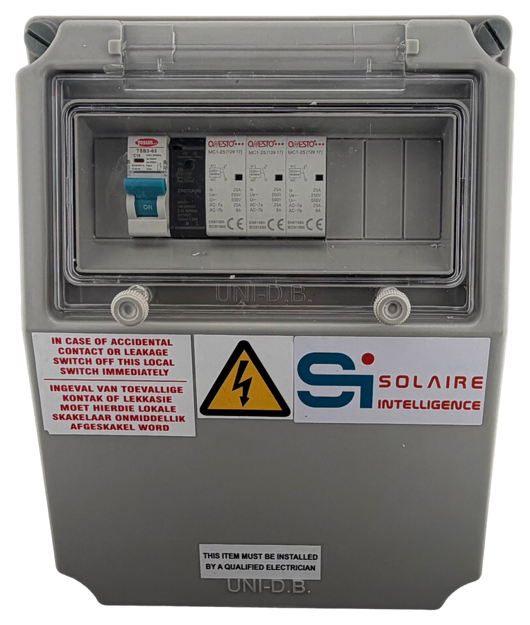 SI Water controller — assembled SI Relay unit in a UNI-DB enclosure with main isolator and three contactors