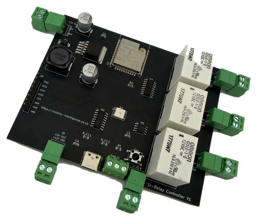SI Relay controller board — own-design ESP32 PCB with four relay outputs and pluggable screw terminals