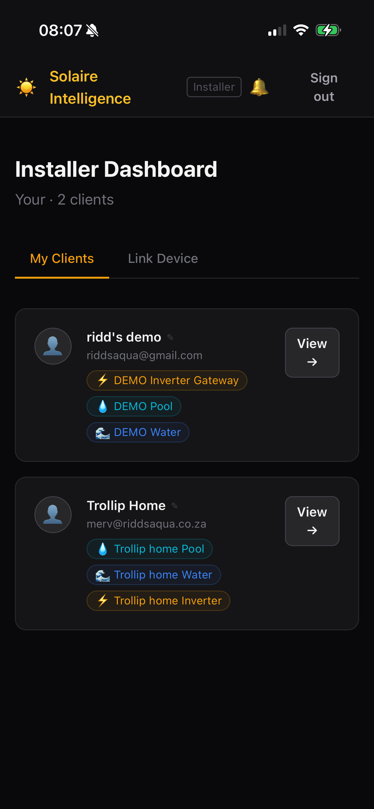 Installer Dashboard showing multiple client sites