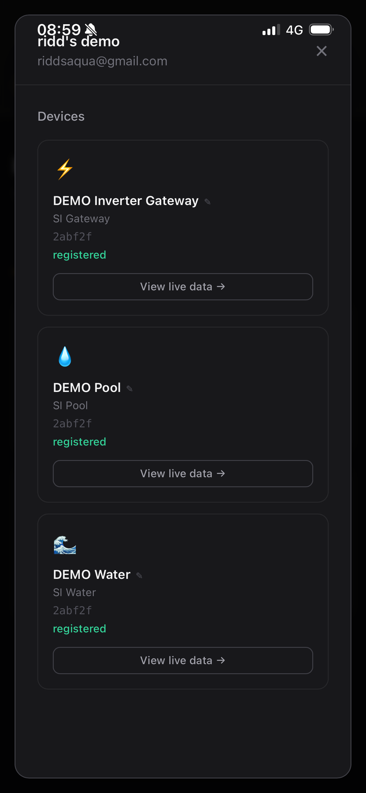 Device picker showing registered SI devices