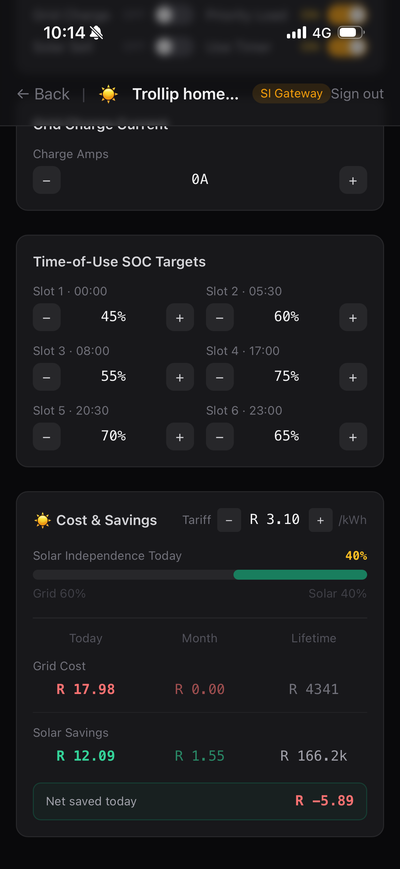 SI Gateway — Cost & Savings screen showing grid cost, solar savings and lifetime totals