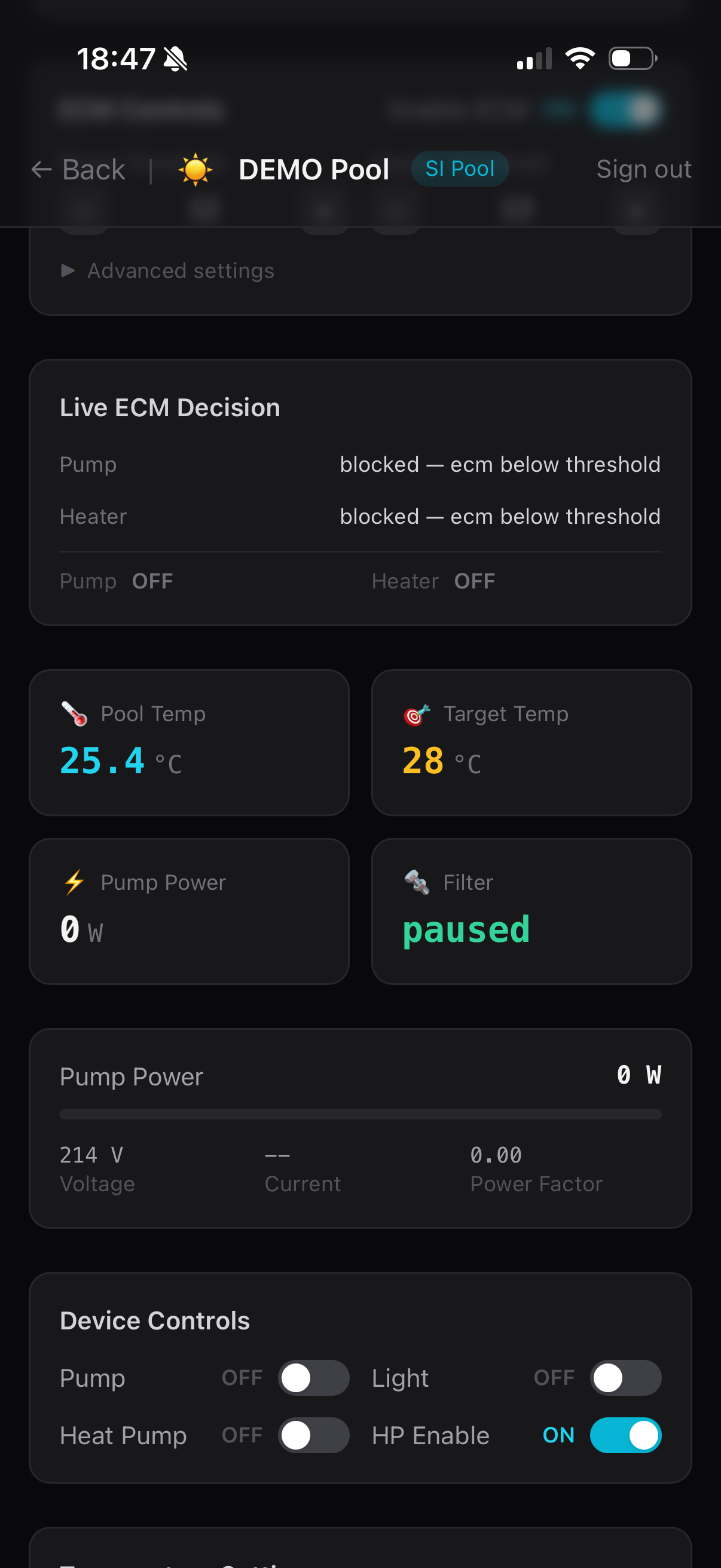 SI Pool — live ECM decision: pump and heater reason