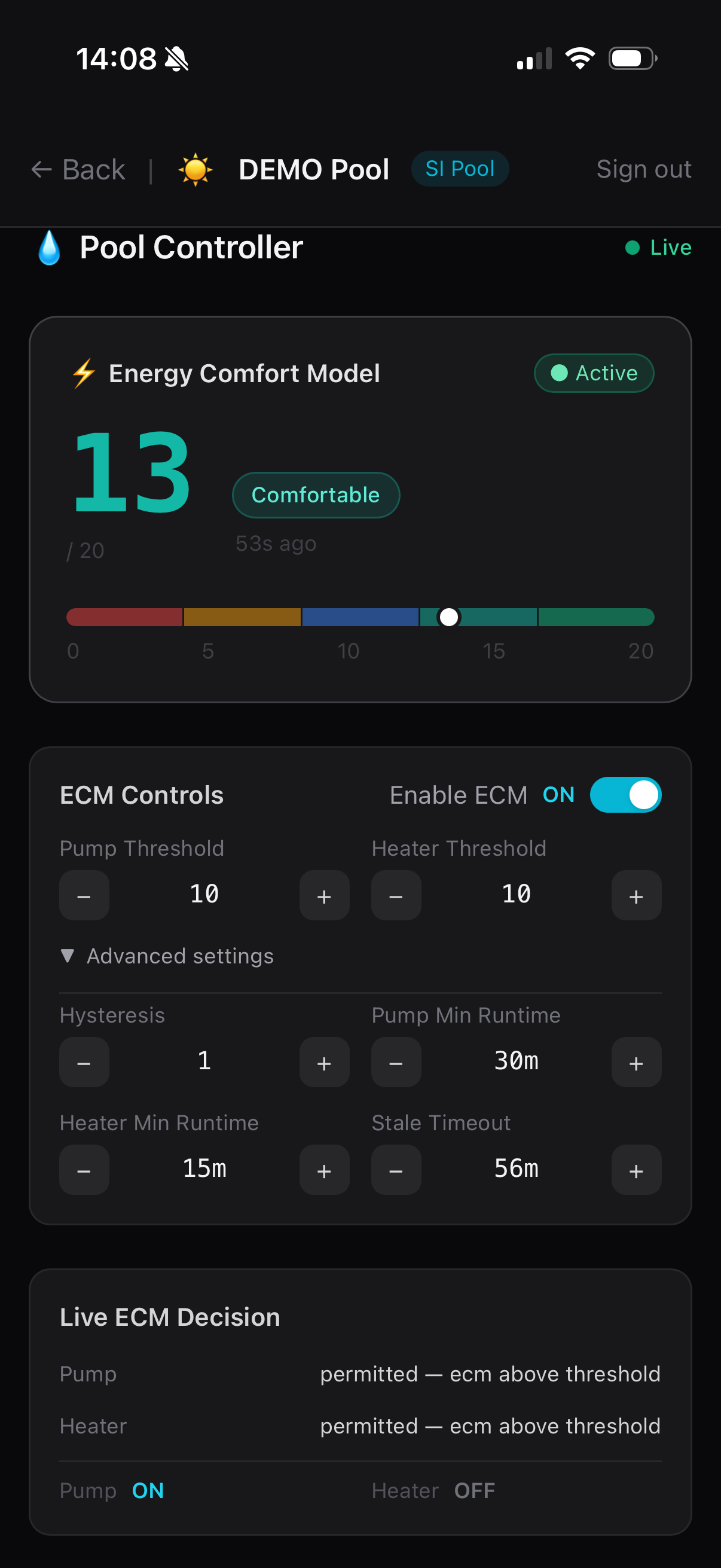 SI Pool — ECM threshold and control settings