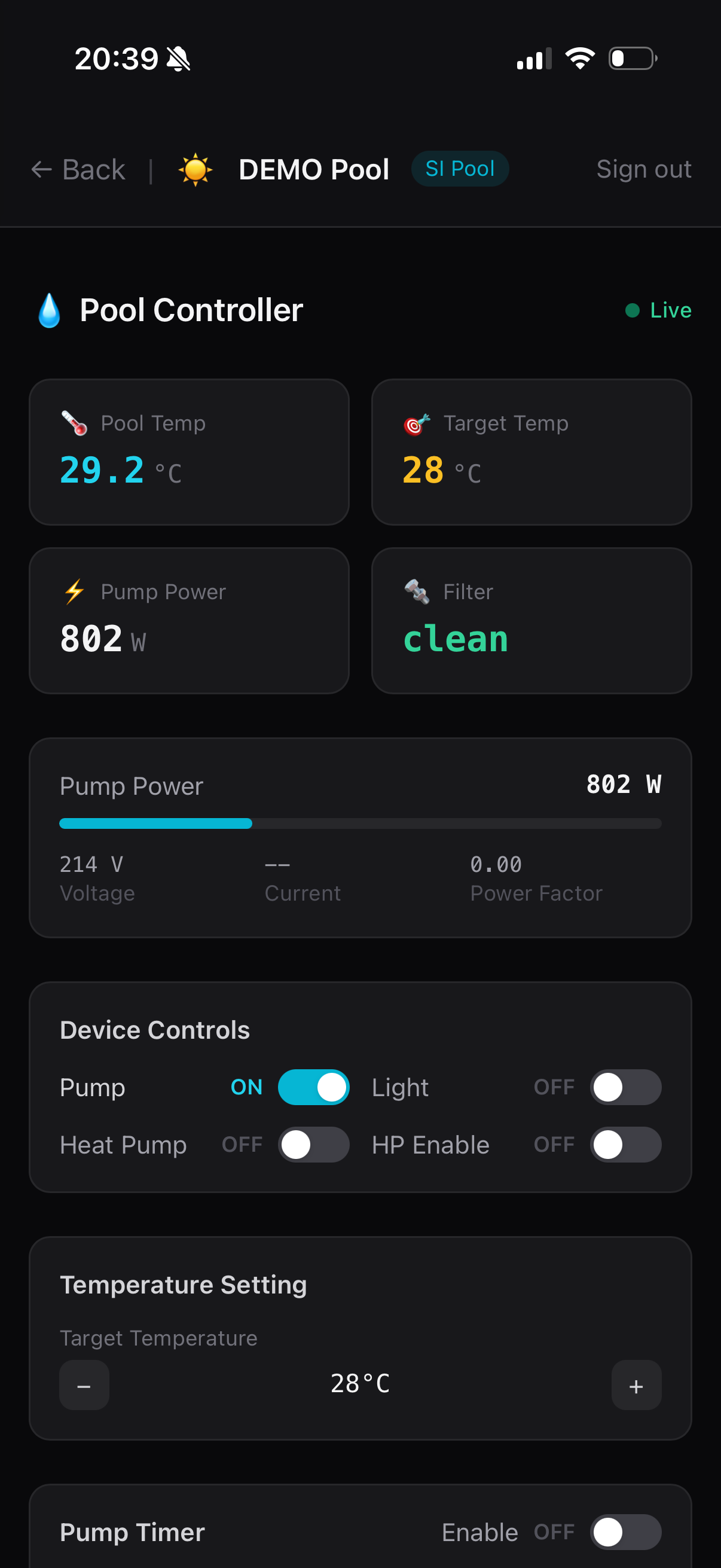 SI Pool — pool temperature and pump status
