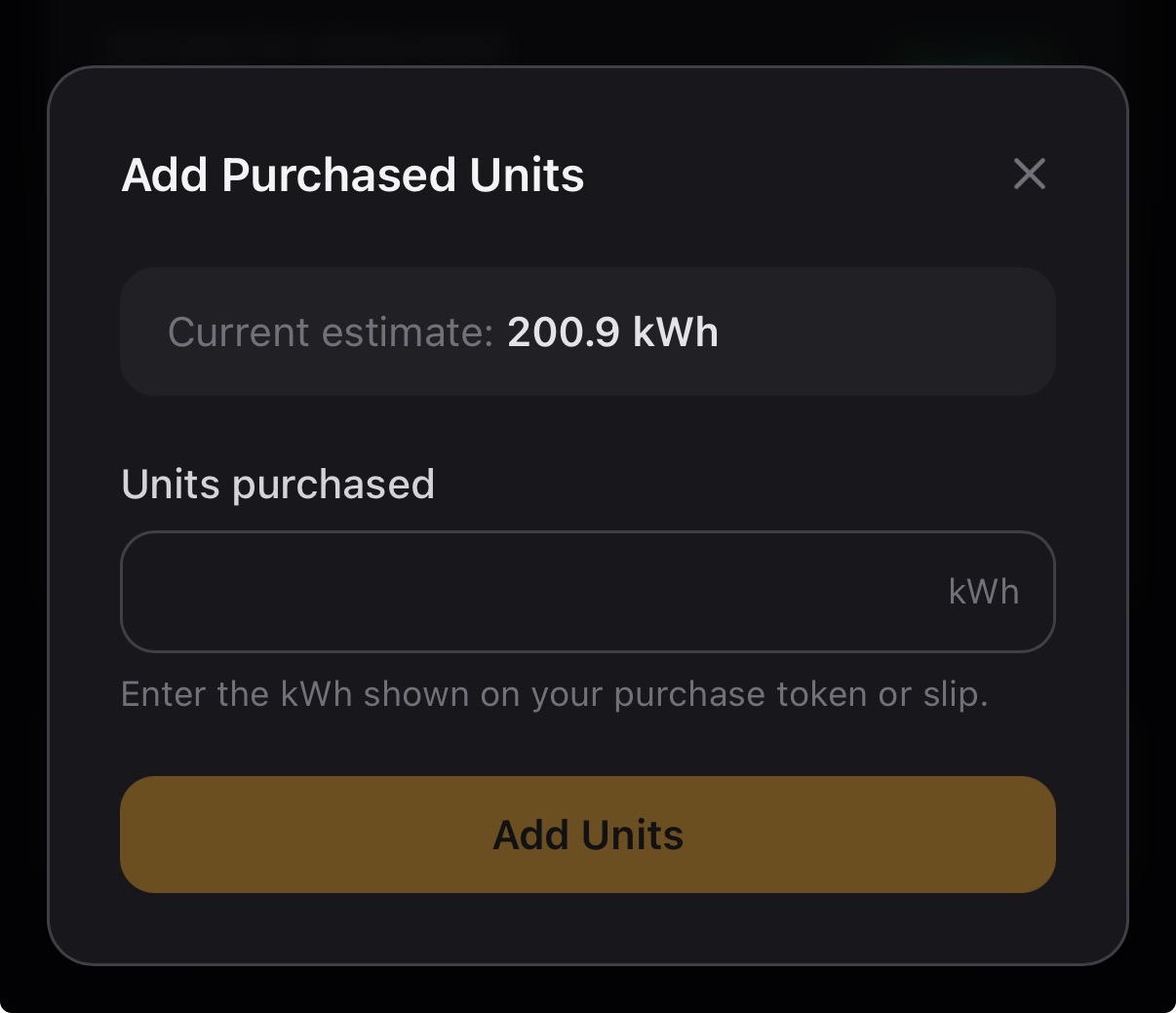 Add purchased units — enter kWh from token slip