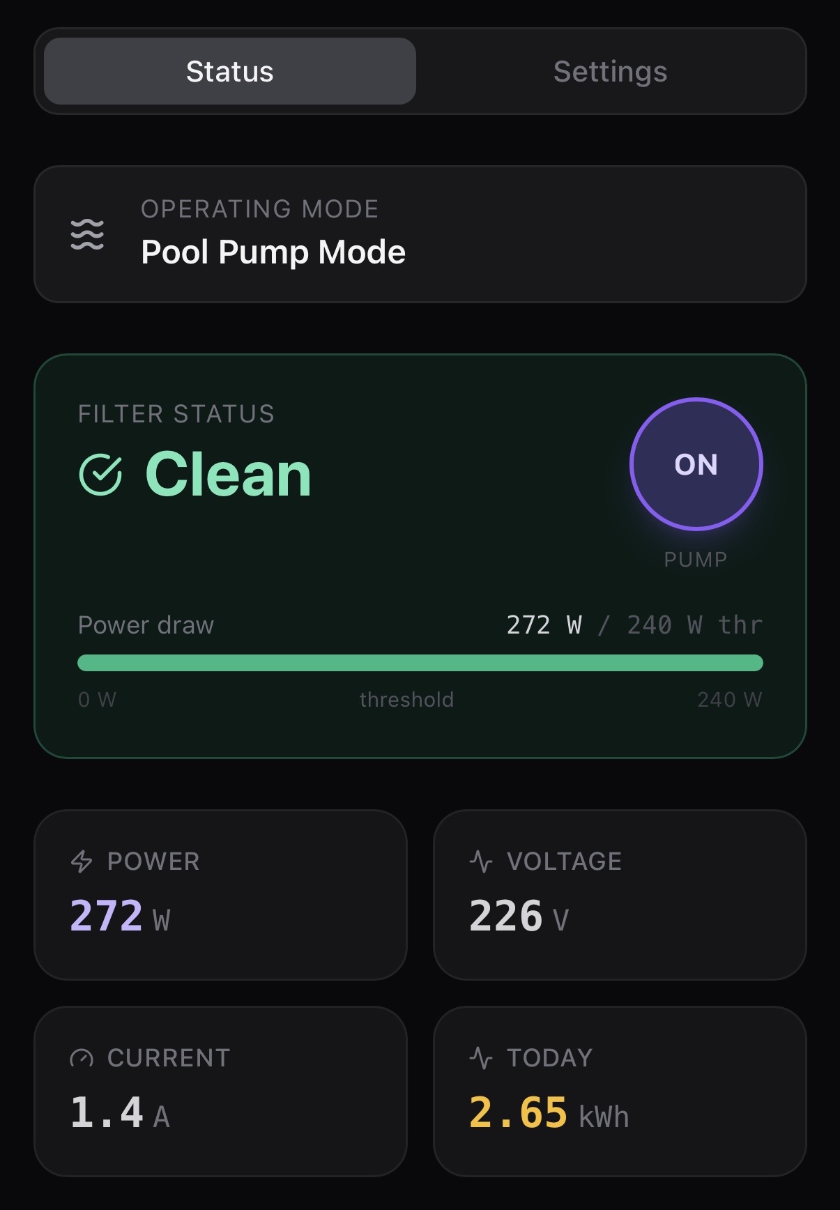 SI Switch Pool Pump Mode — Filter Status: Clean, 272W draw, pump ON