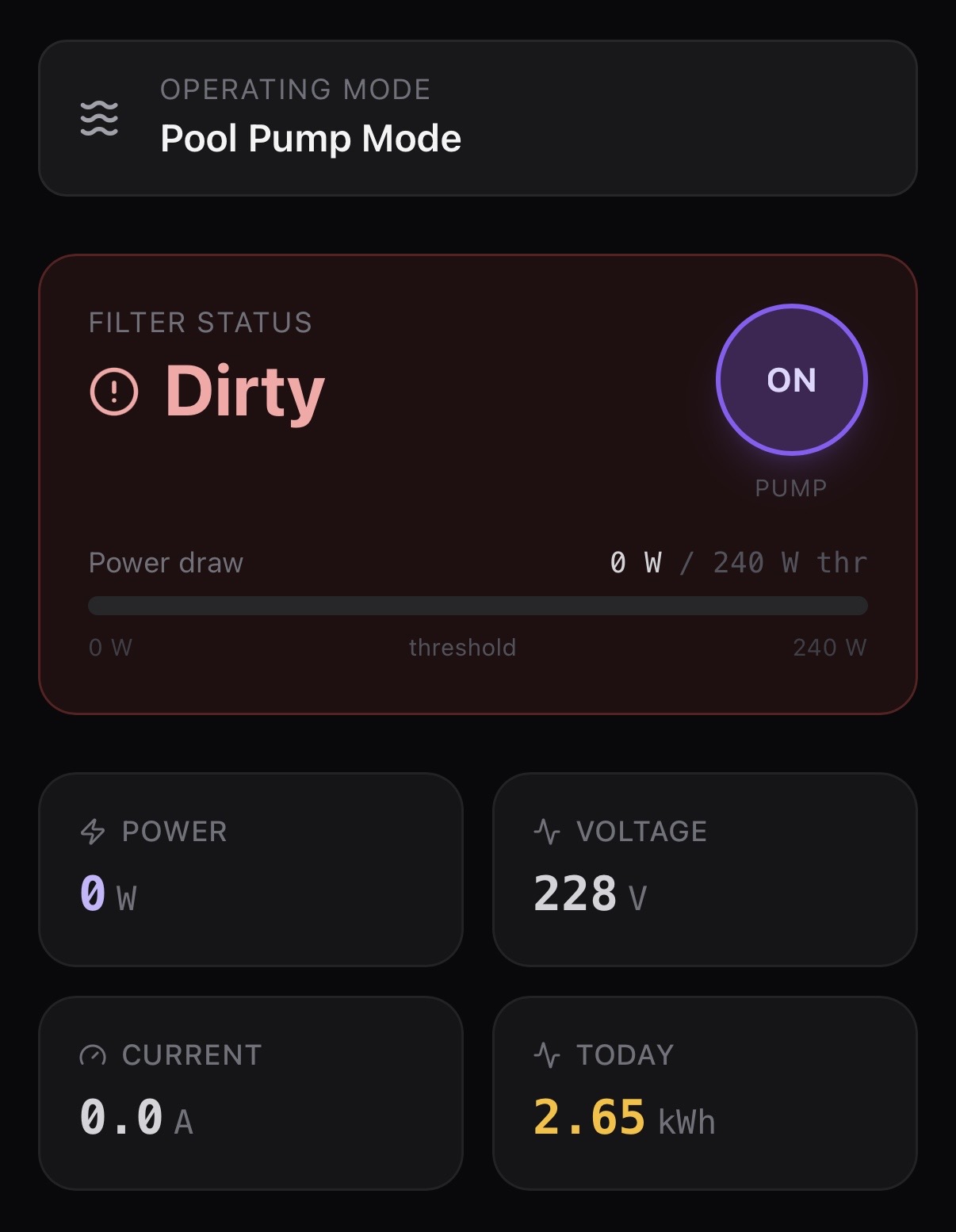 SI Switch Pool Pump Mode — Filter Status: Dirty, wattage below threshold