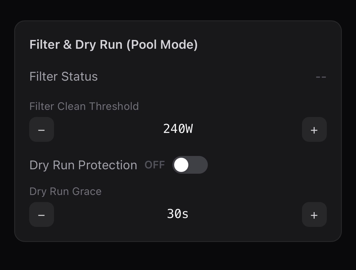 SI Switch Pump Mode settings — filter threshold, dry run protection, grace period