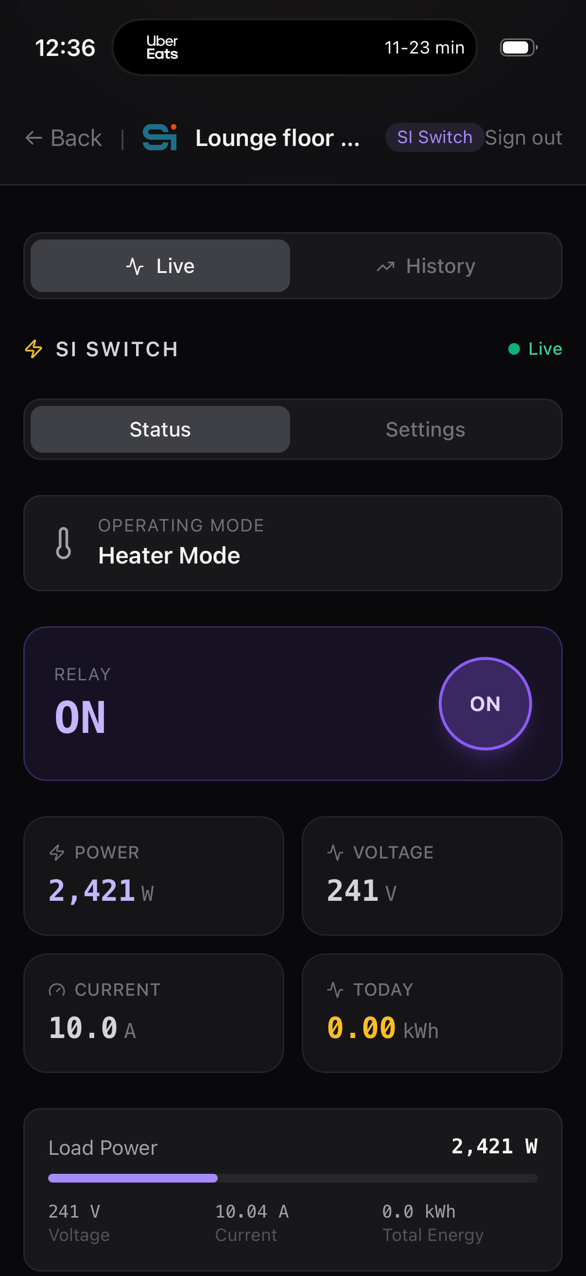 SI Switch — live relay status and power draw