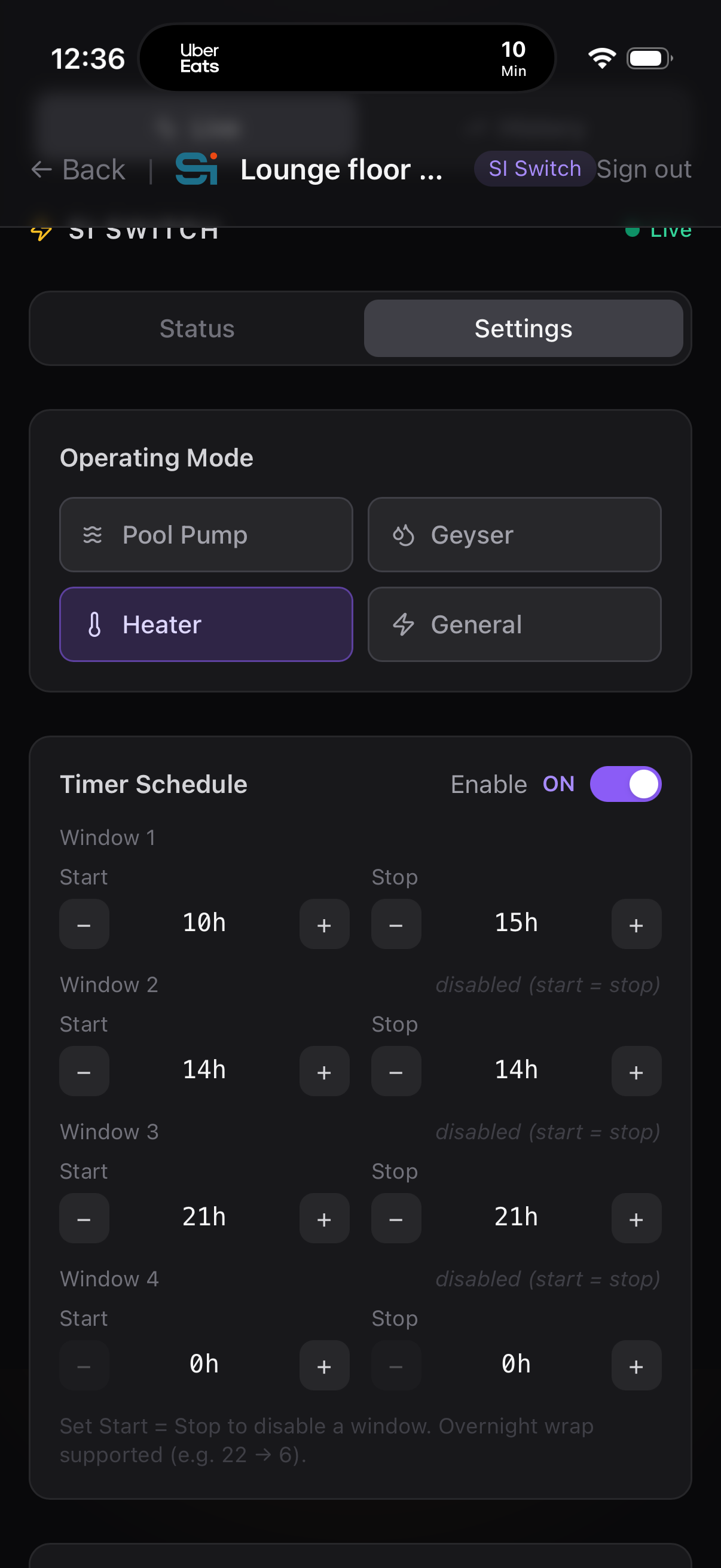 SI Switch — operating mode selector and 4-window timer schedule